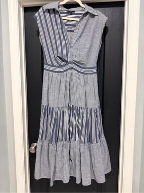 Fore Striped Navy and White Maxi Dress with Twist Front